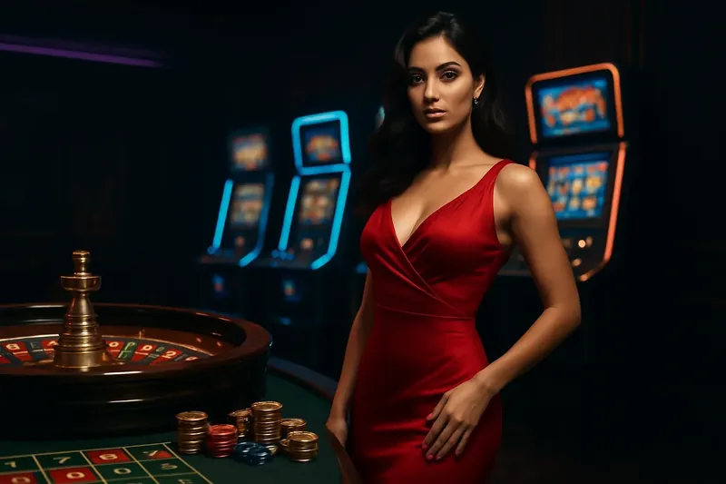 Bangladesh Casino Banner Elegant woman in red dress near roulette and slot machines with gold coins and poker chips in a luxury Bangladesh casino setting