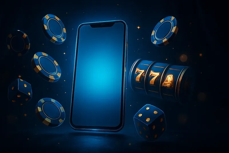 Glowing Smartphone Casino Banner Panoramic banner with glowing smartphone, casino chips, slot reels, dice, gold accents, and festive lighting